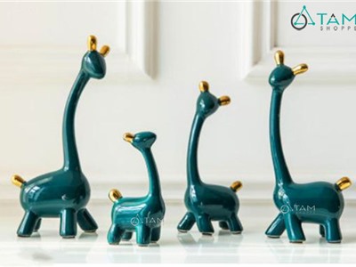 Tượng hươu cao cổ gốm xanh viền vàng TCV-HUOU-02